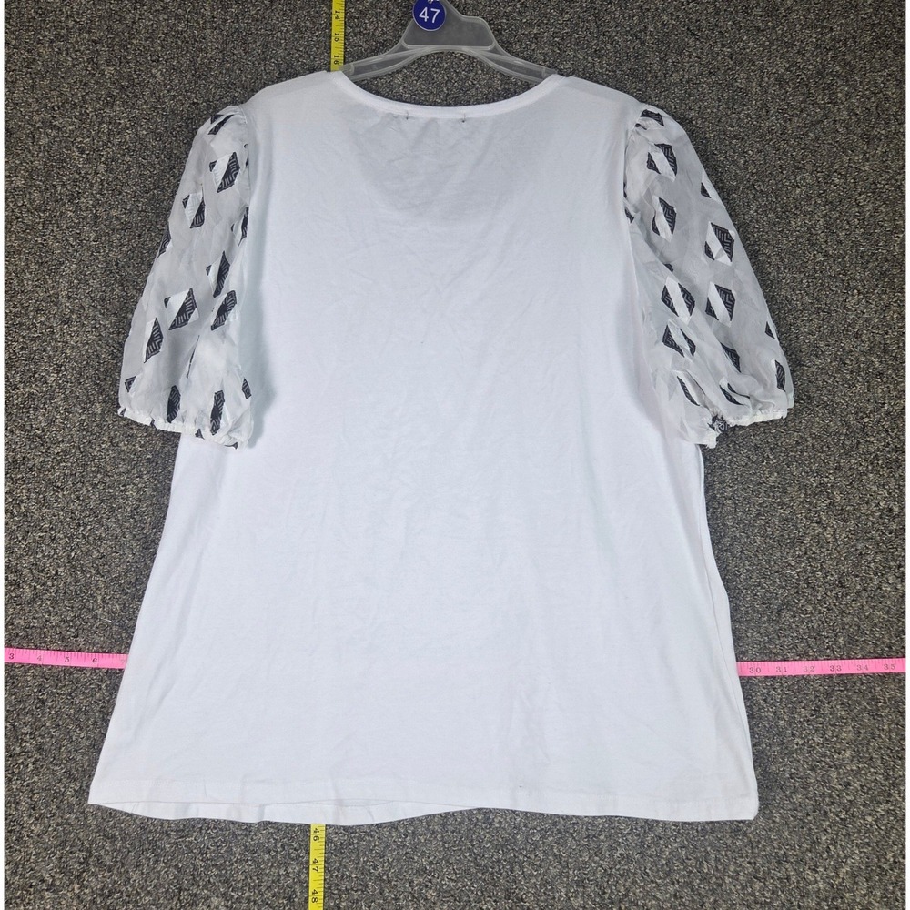A Love Story Top Women 2X White Geometric Sheer Puff Sleeve Scoop Neck NWT